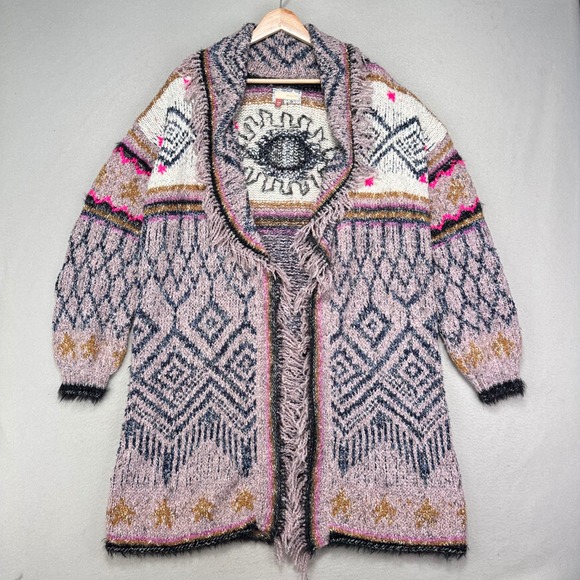 Pilcro Anthropologie Evil Eye Fringe Cardigan Sweater XS/S Boho Intarsia Knit - Picture 2 of 11